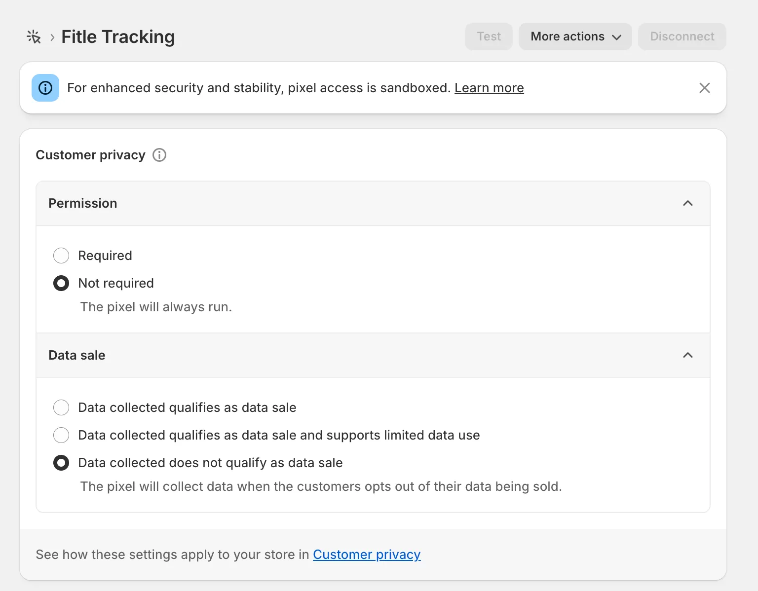 Shopify pixel permission and data sale configuration settings